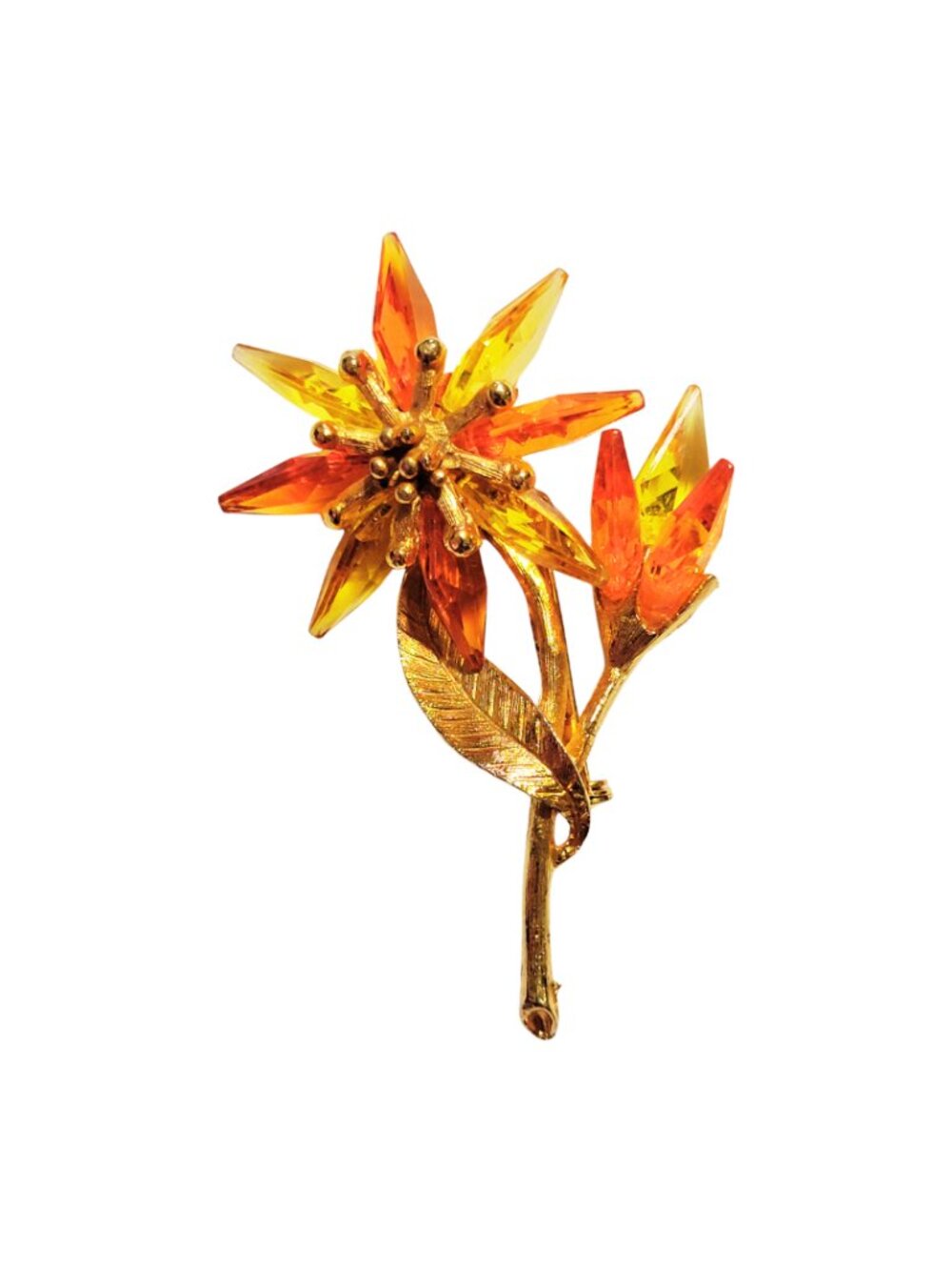 Vintage Lucite Flower Power Gold Tone Brooch – Orange & Yellow (GUC)